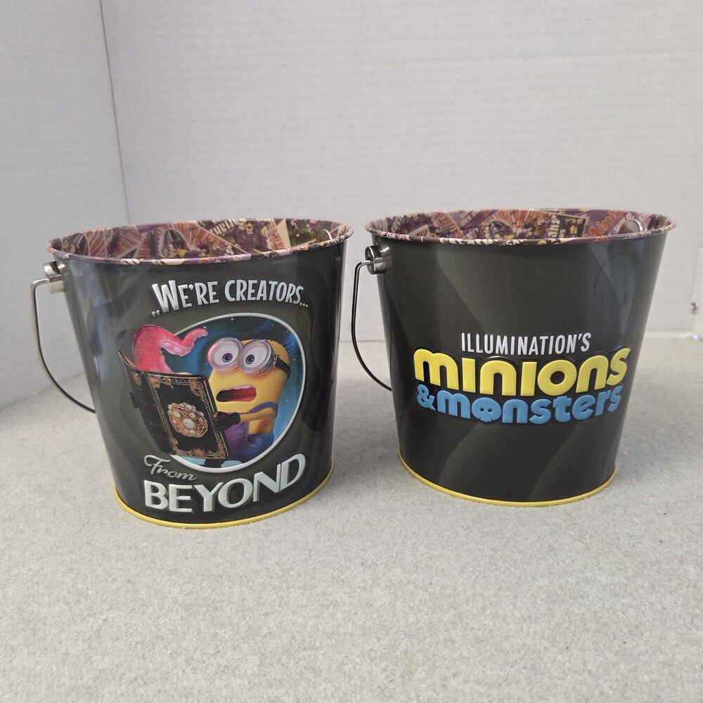 2 Minions & Monsters 64 oz Popcorn Bucket Tin Regal Cinema Snapco Universal